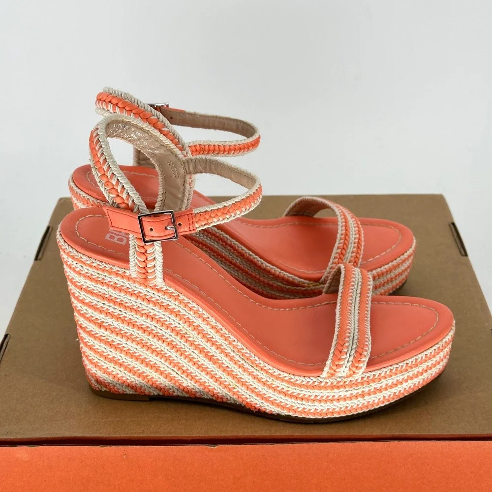 BP. Camelia Woven Orange White Wedge Sandals Buckle Ankle Summer Vacay 8 M